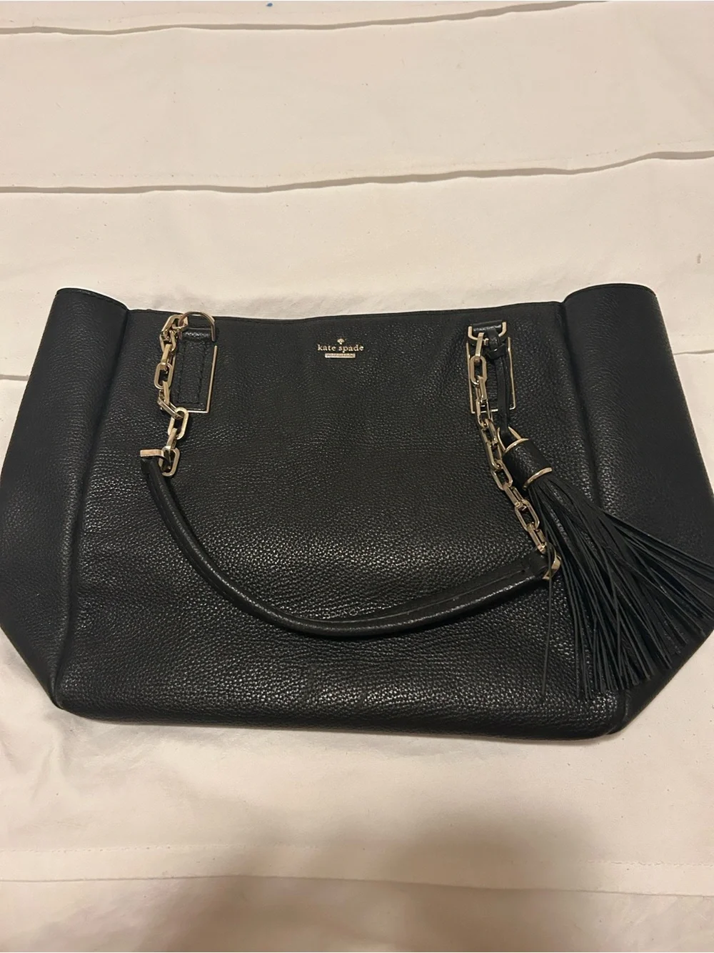 kate spade Black Leather Tote with Gold Chain Handles
